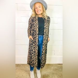 Long Leopard Open Front Cardigan with Pockets. Lightweight